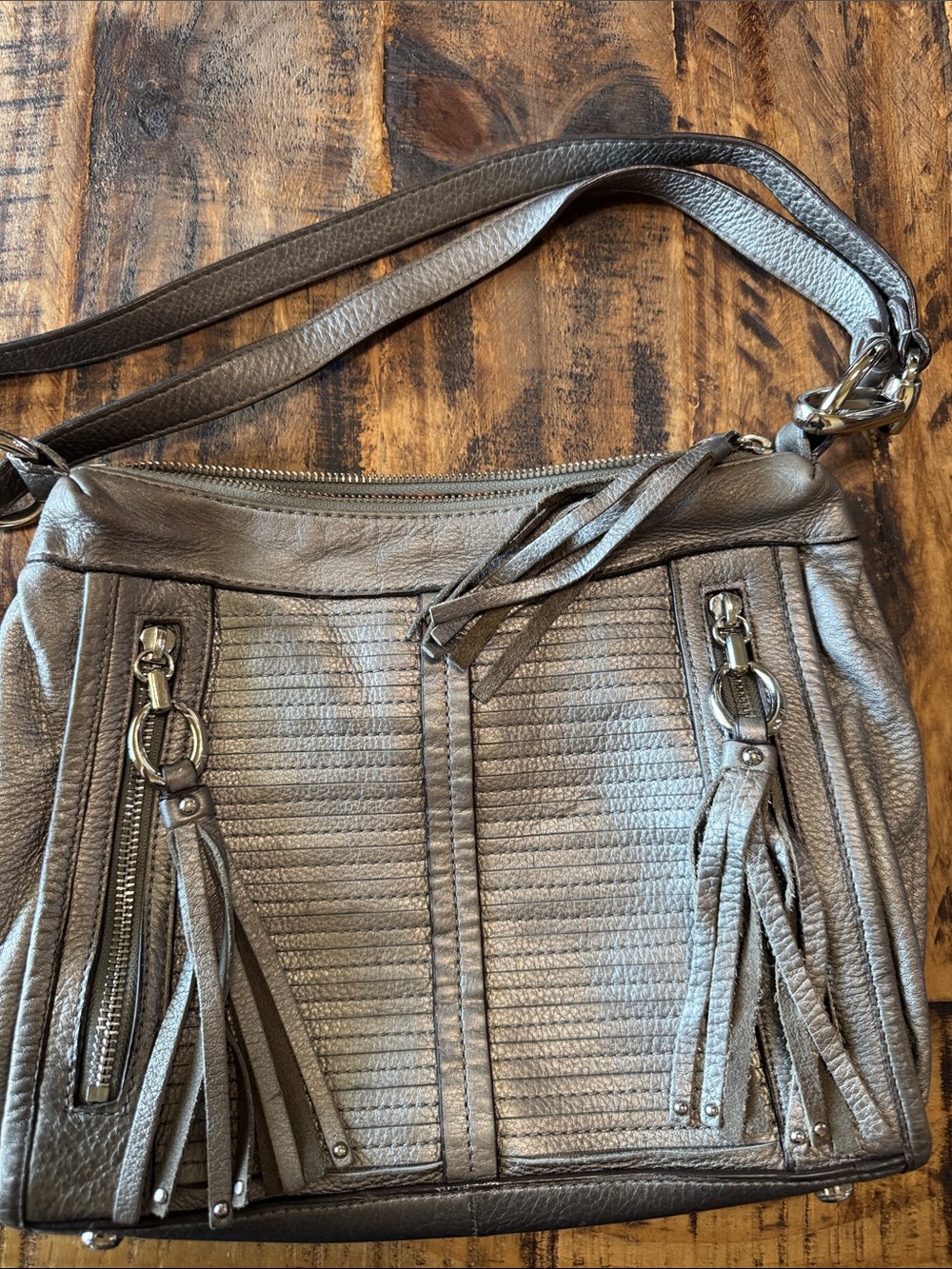b. makowsky Metallic Pewter Leather Shoulder Bag with Tassels